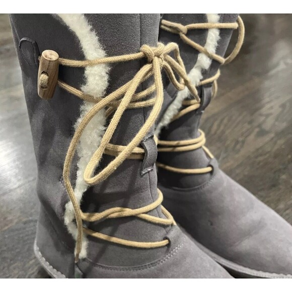 Po-Zu Zu Boots Size EU 38 US 7.5 Suede Sheepskin Slipper Gray Lace Up NWOB - Picture 2 of 10